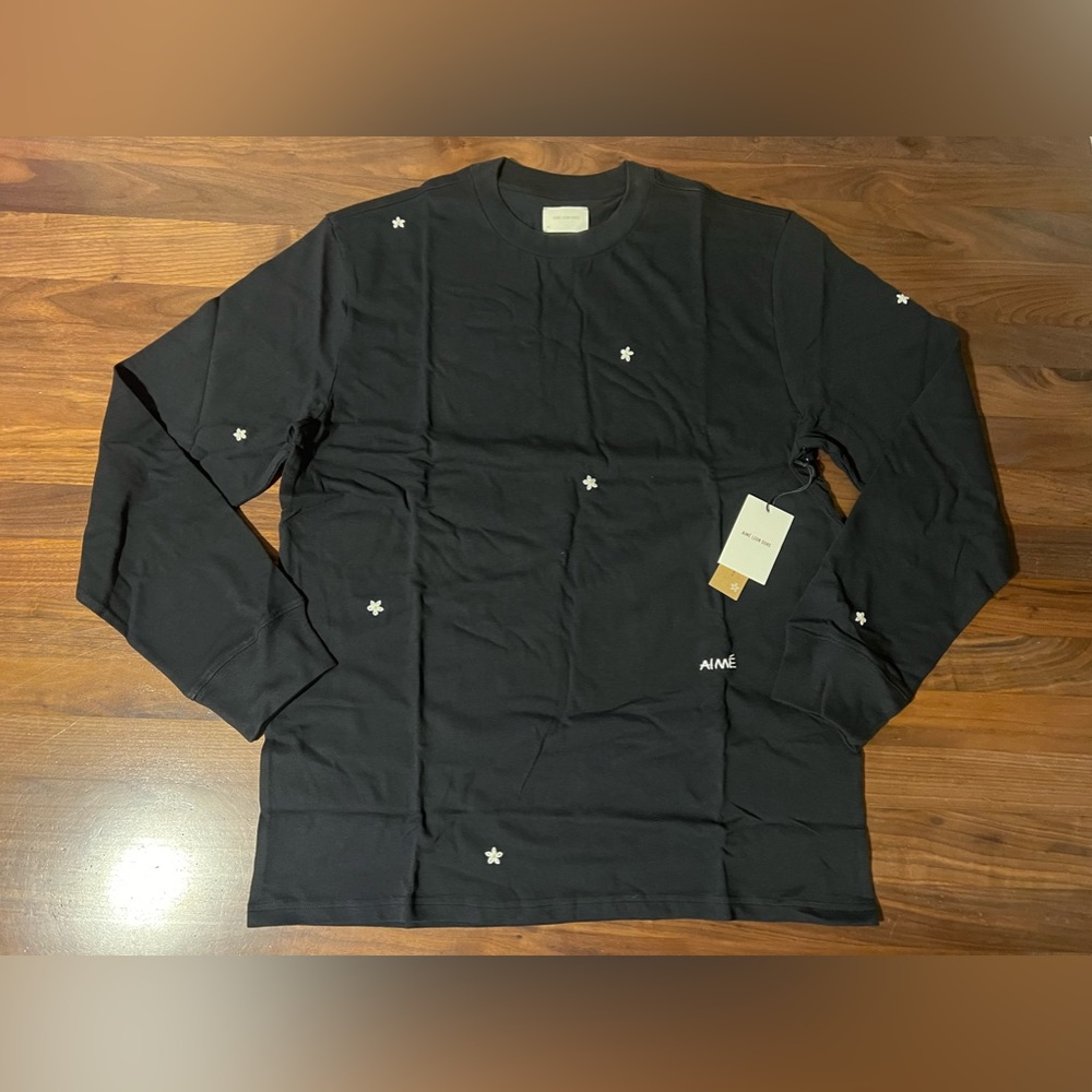 Aime Leon Dore ALD Floral Embroidered L/S Tee Size XL Jet Black Cotton T-Shirt.
